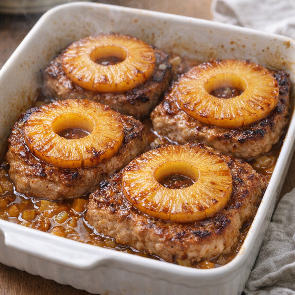 Baked pork chops with pineapple in a casserole dish