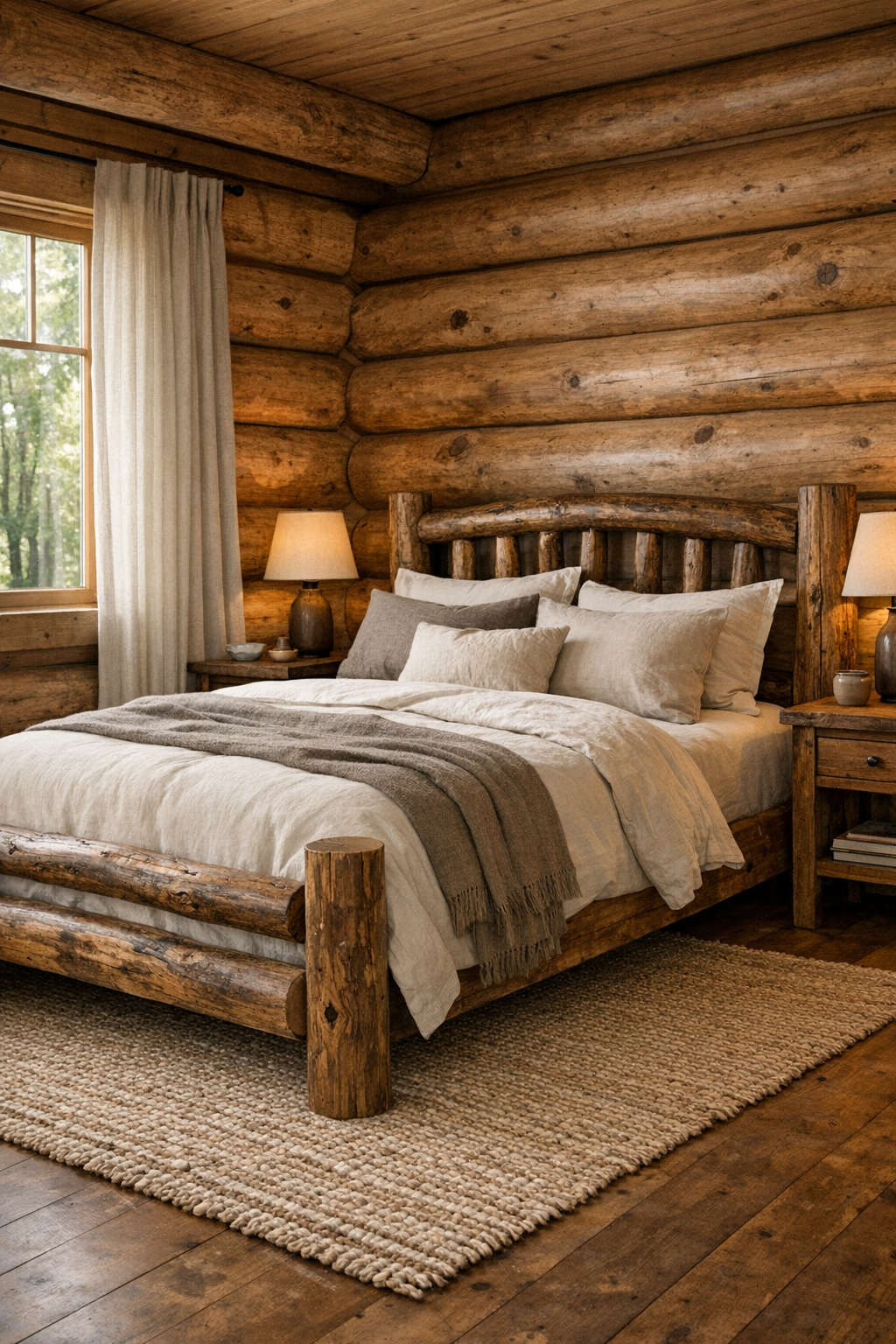 Restful log home bedroom with handcrafted wood bed and layered natural textiles