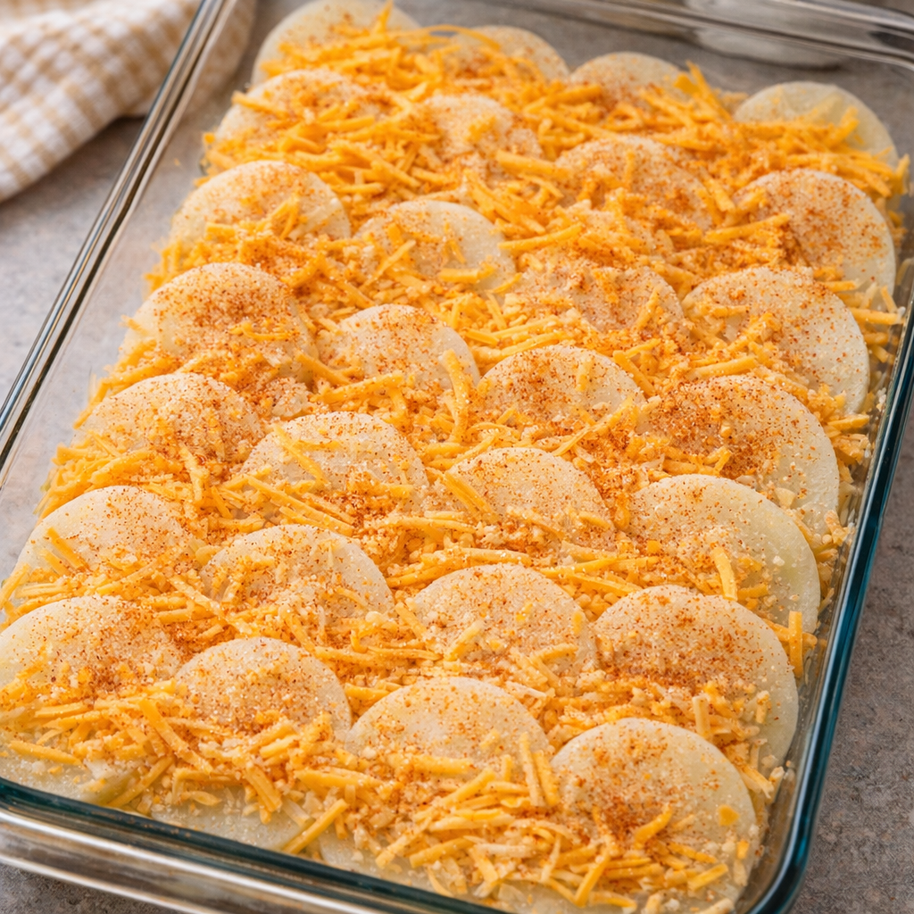 Unbaked potato casserole arranged with cheddar and paprika