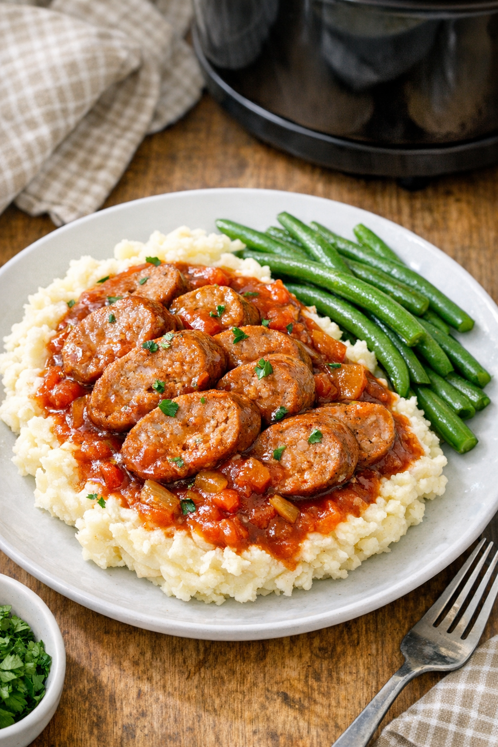 Finished slow cooker pork sausage served with sauce over mashed potatoes