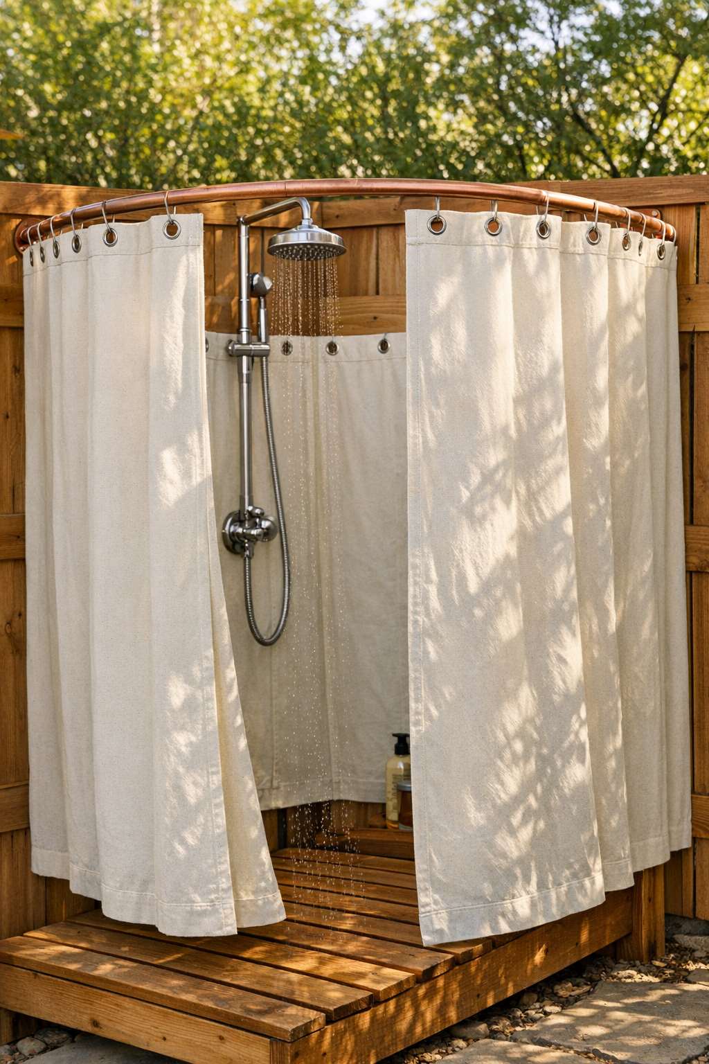 Finished outdoor shower curtain made from canvas drop cloth on curved copper pipe mounted to a fence