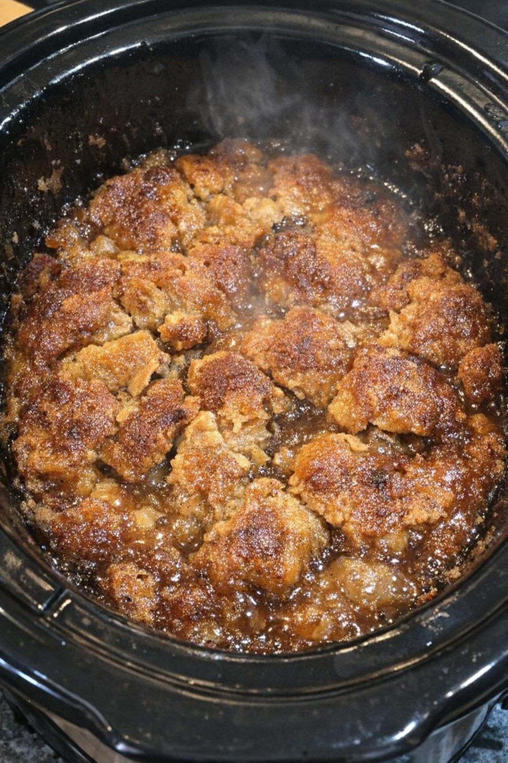 Mock apple cobbler in a slow cooker with golden-brown crust