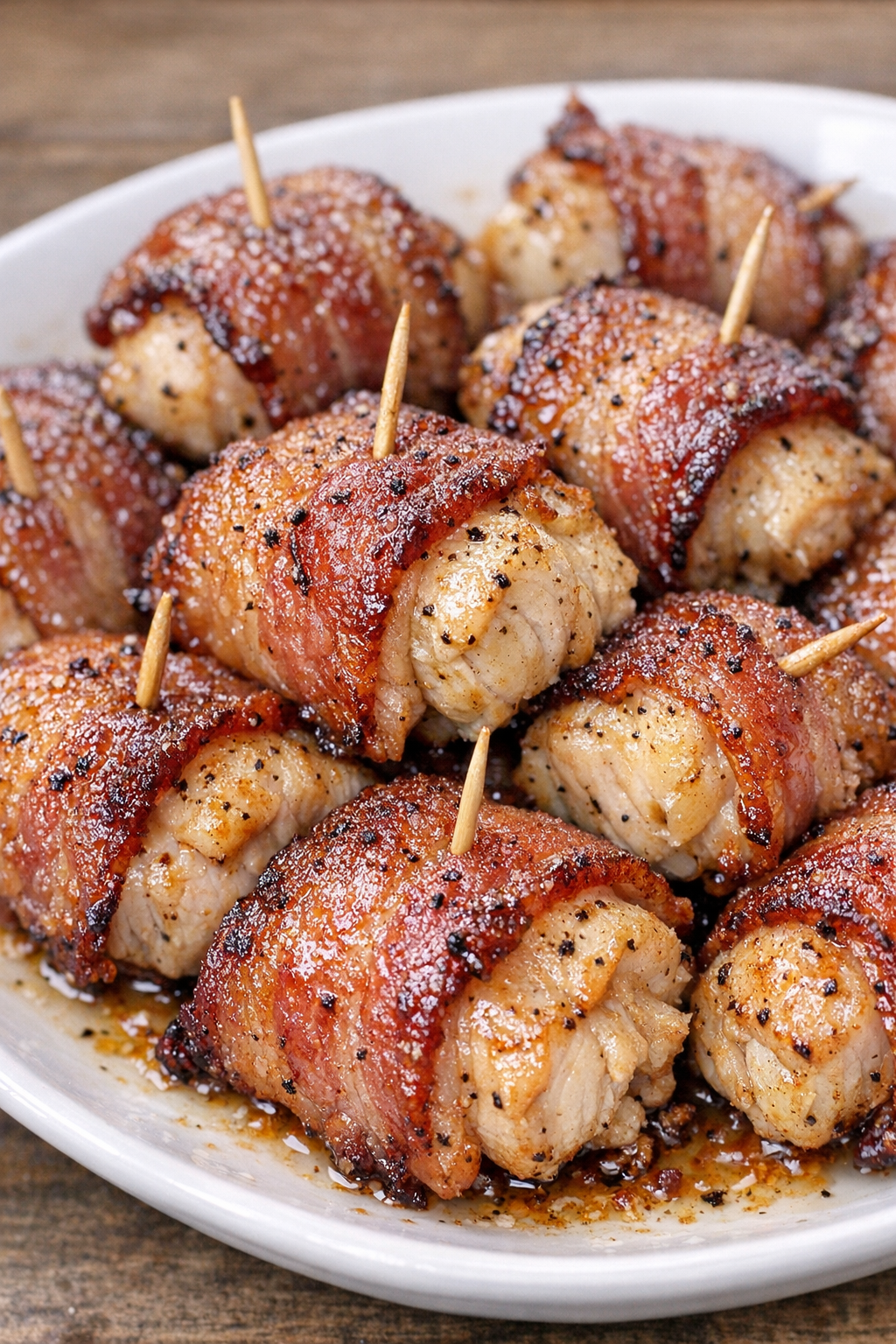 Low carb 3-ingredient bacon chicken bites on a serving platter