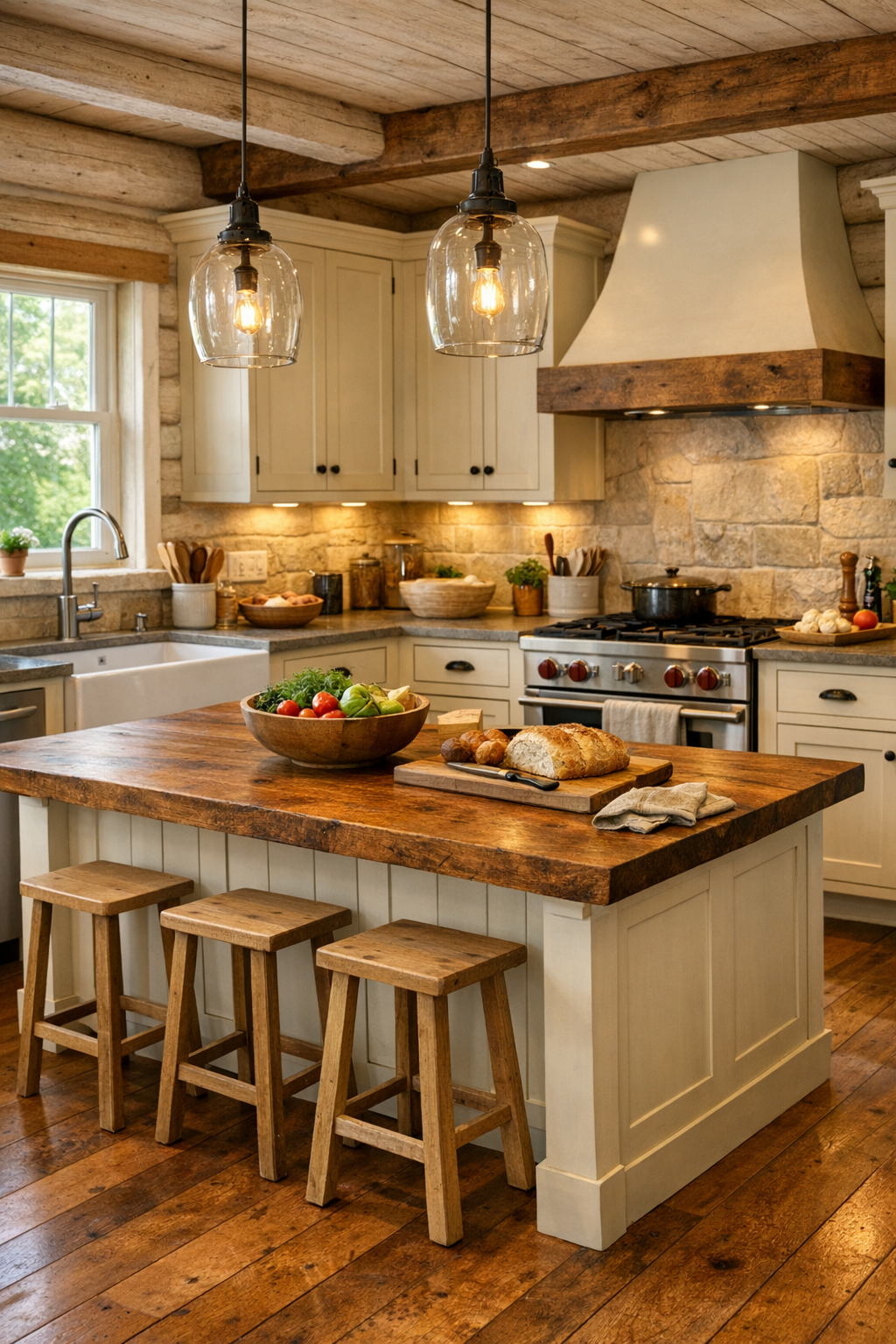 Family-friendly rustic kitchen with cream cabinetry, a large island, and warm wood floors