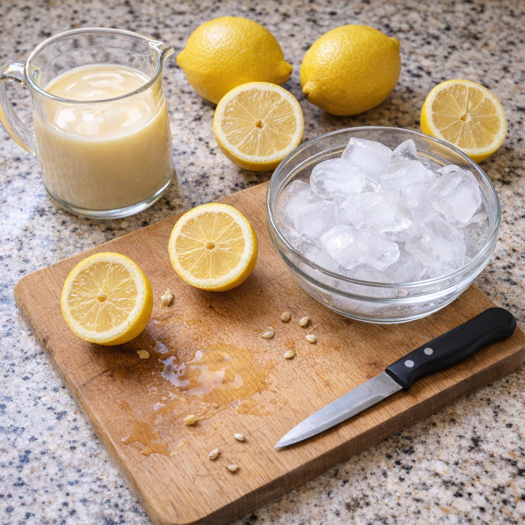 Lemons and condensed milk arranged on a kitchen counter
