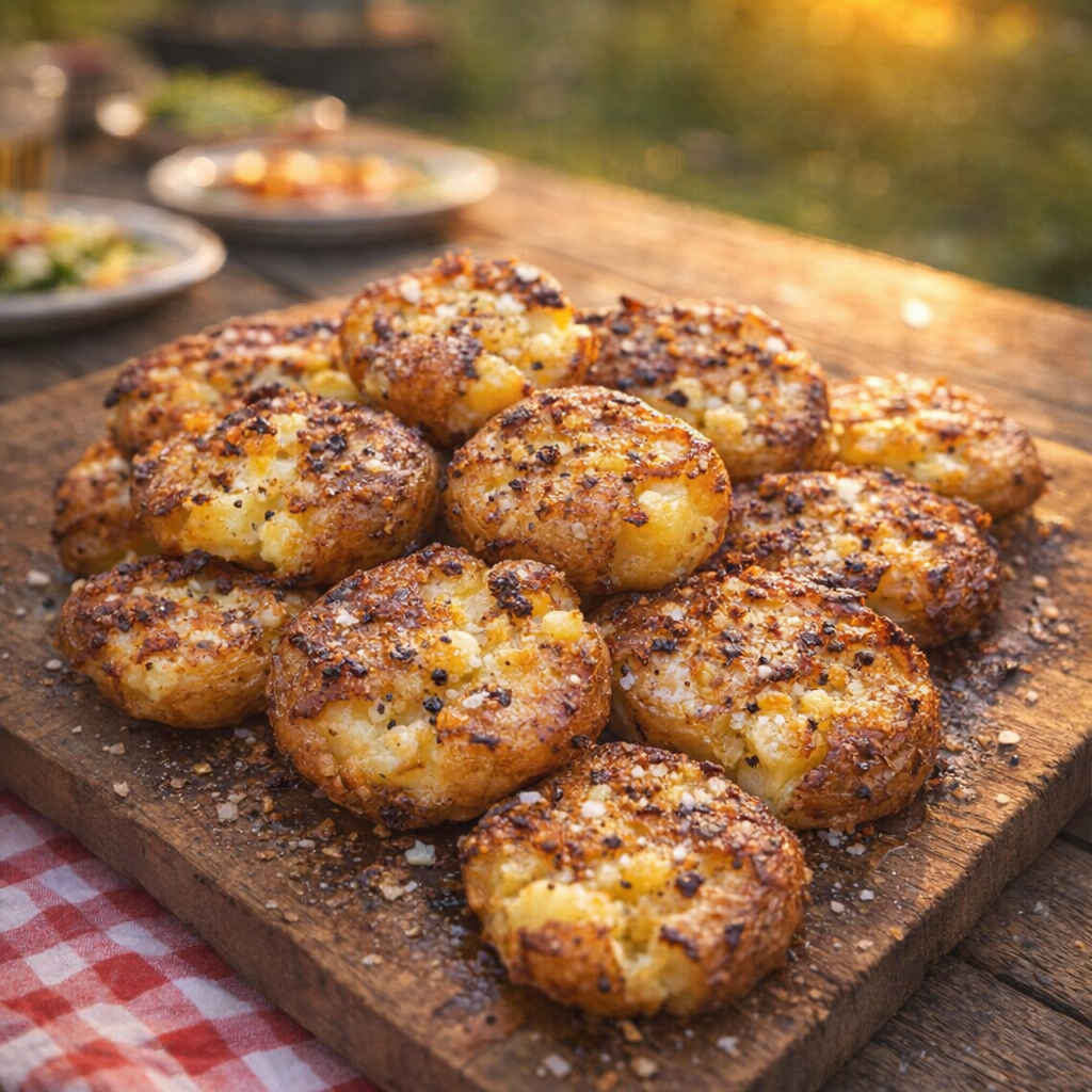 Rustic platter of crispy smashed potatoes on a picnic table