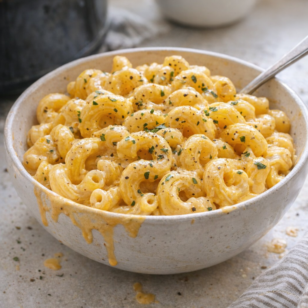 Slow cooker creamy pasta in a serving bowl
