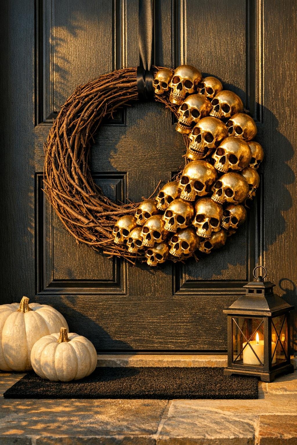 Finished gilded skull Halloween wreath hanging on a front door