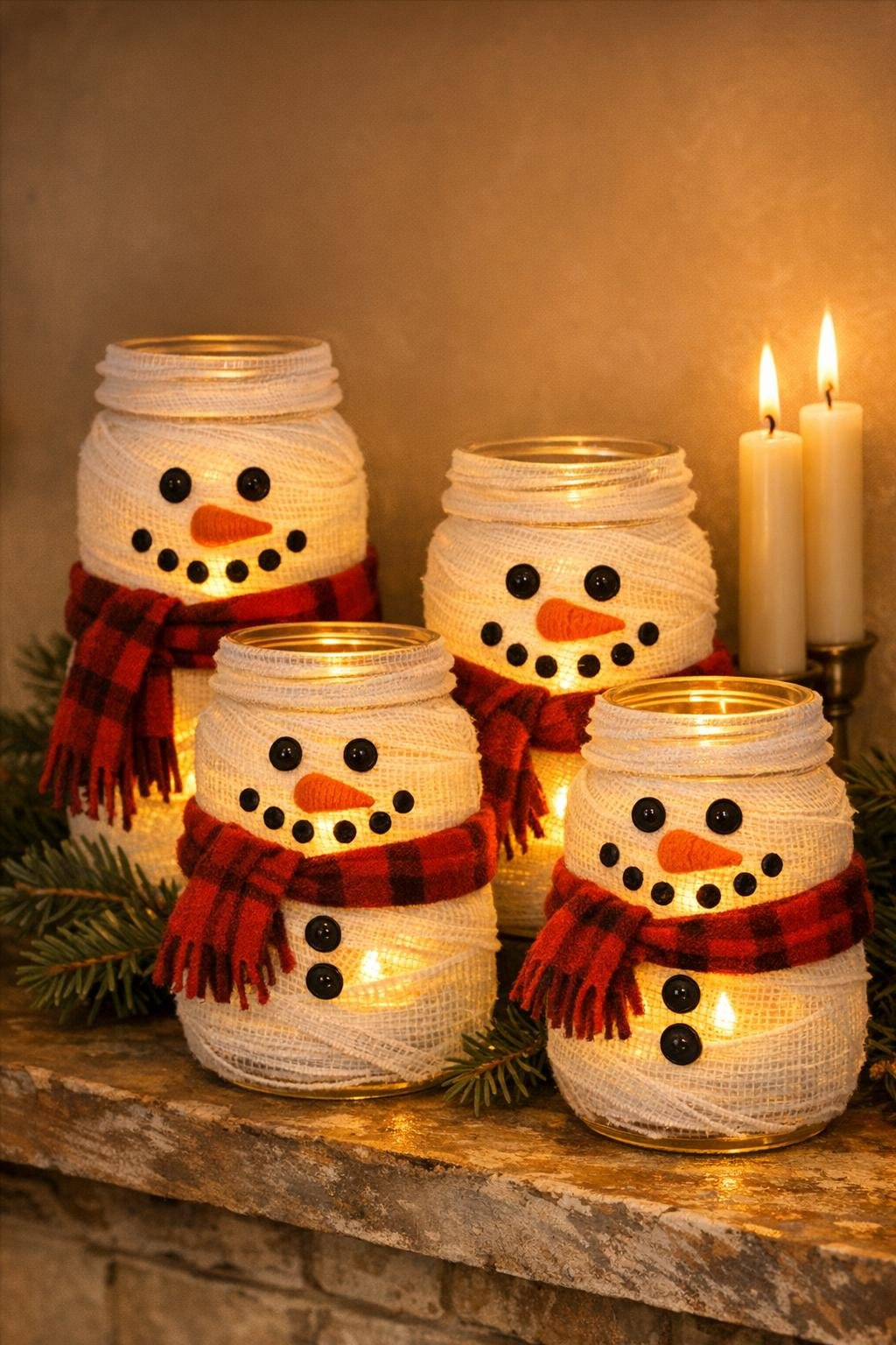 Finished snowman jar luminaries glowing on a holiday mantel