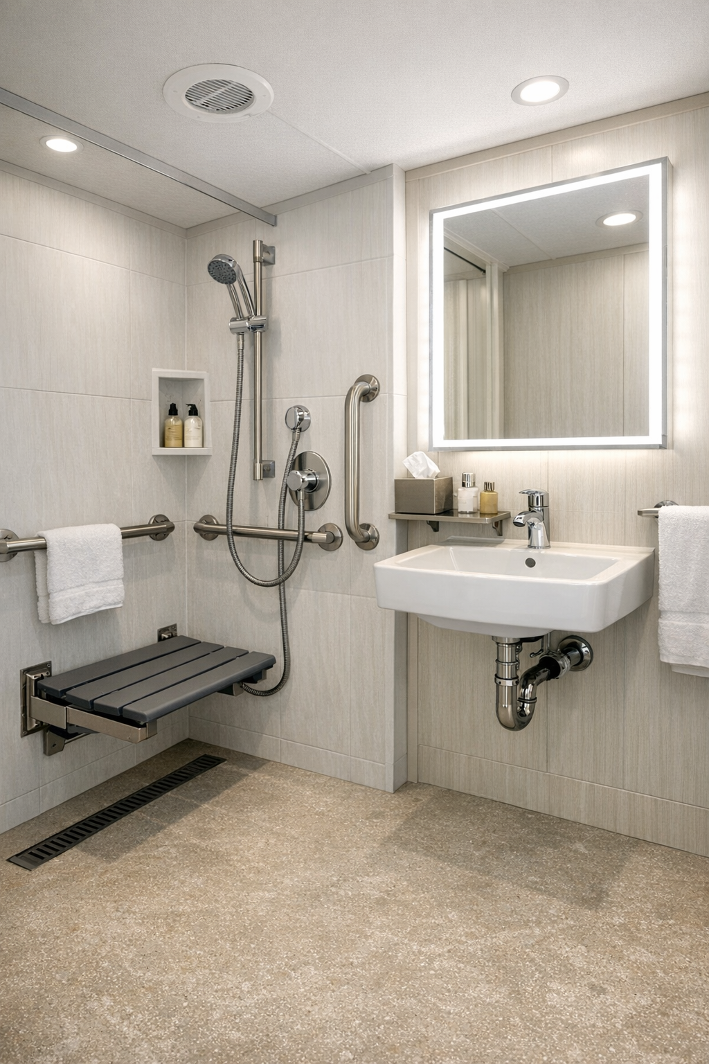 Accessible RV bathroom with roll-in shower and modern finishes