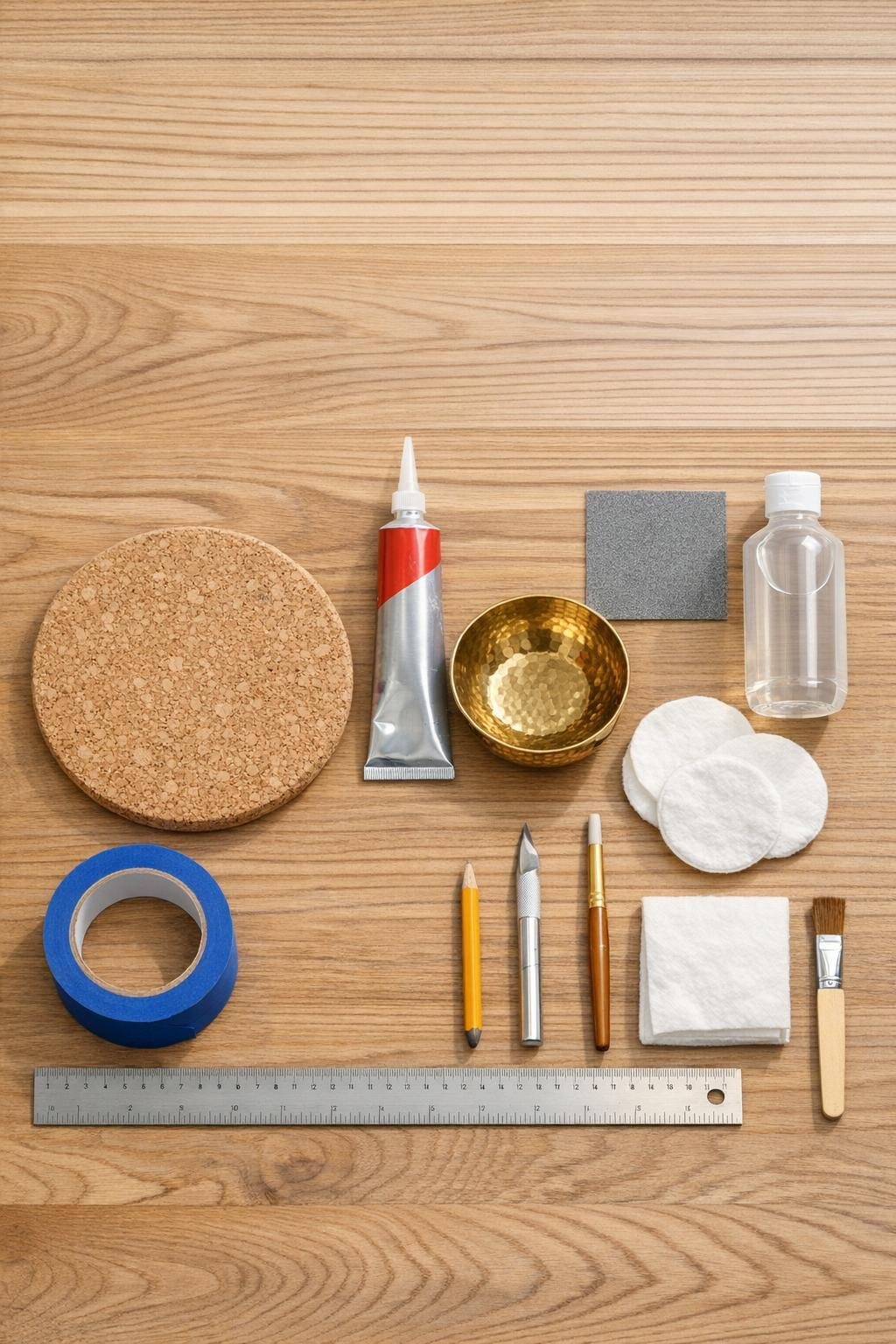 Materials for a cork trivet and brass bowl entryway key holder laid out on a table