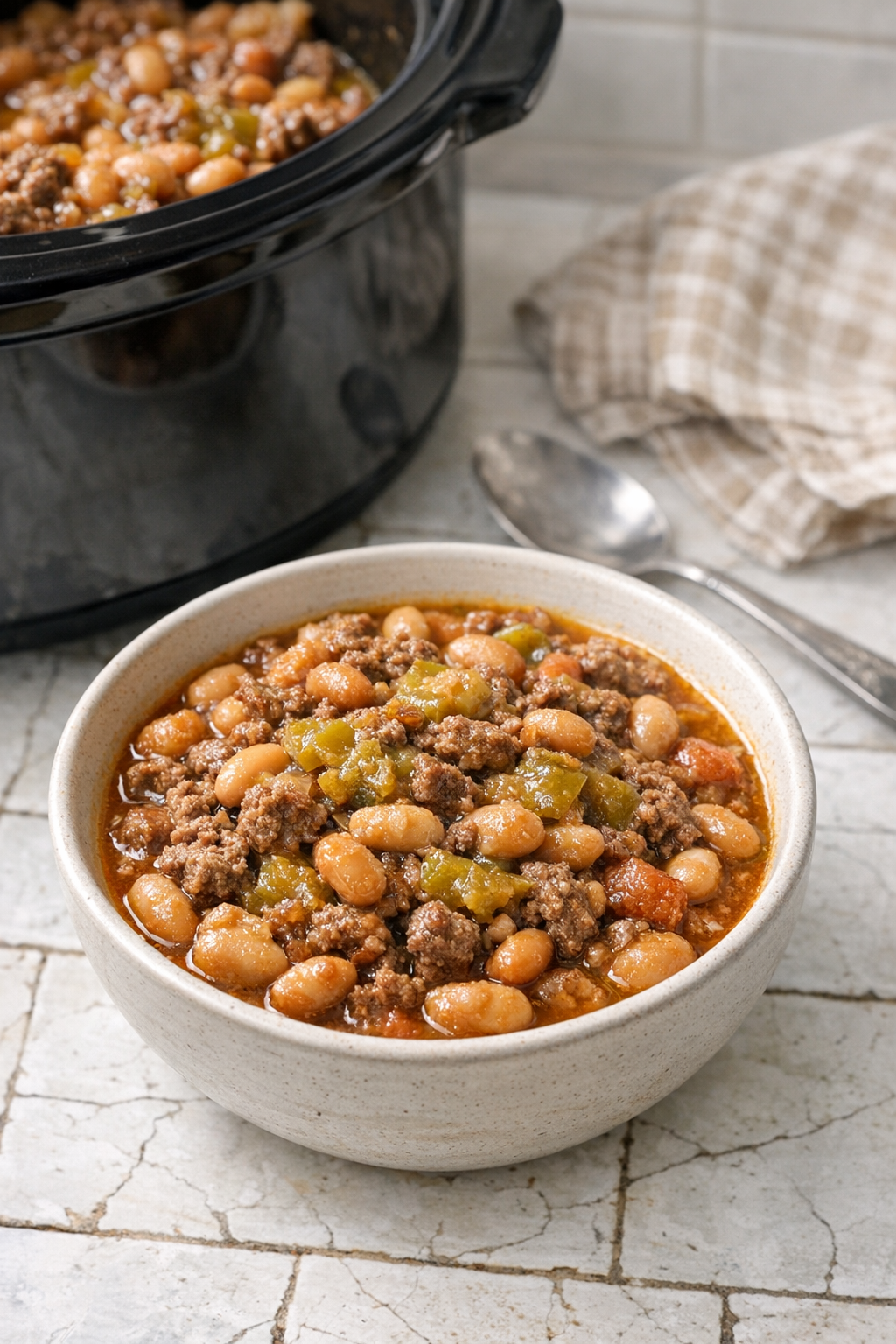 Finished bowl of liberty beans with green chiles and ground beef