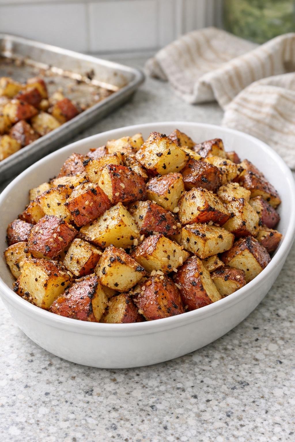 Finished onion soup roasted potatoes plated in a serving dish