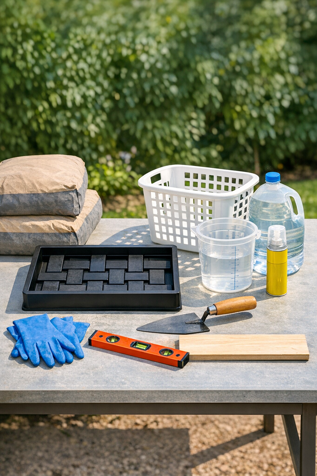 Materials for woven-look concrete garden pavers laid out on a work surface