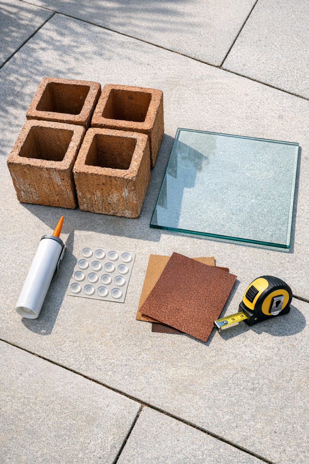 Terracotta flue tiles, tempered glass top, rubber pads, and outdoor adhesive laid out for the project