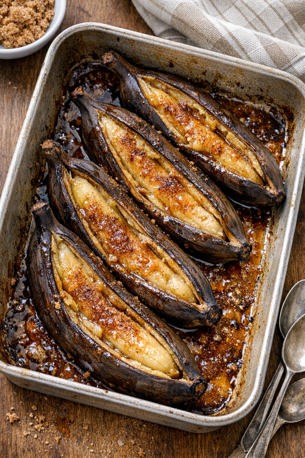 Finished baked bananas in a roasting pan