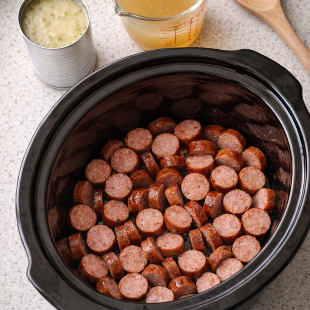 Sliced smoked sausage arranged in a slow cooker