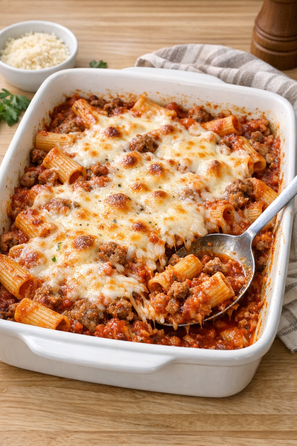 Finished baked sausage rigatoni in a ceramic baking dish