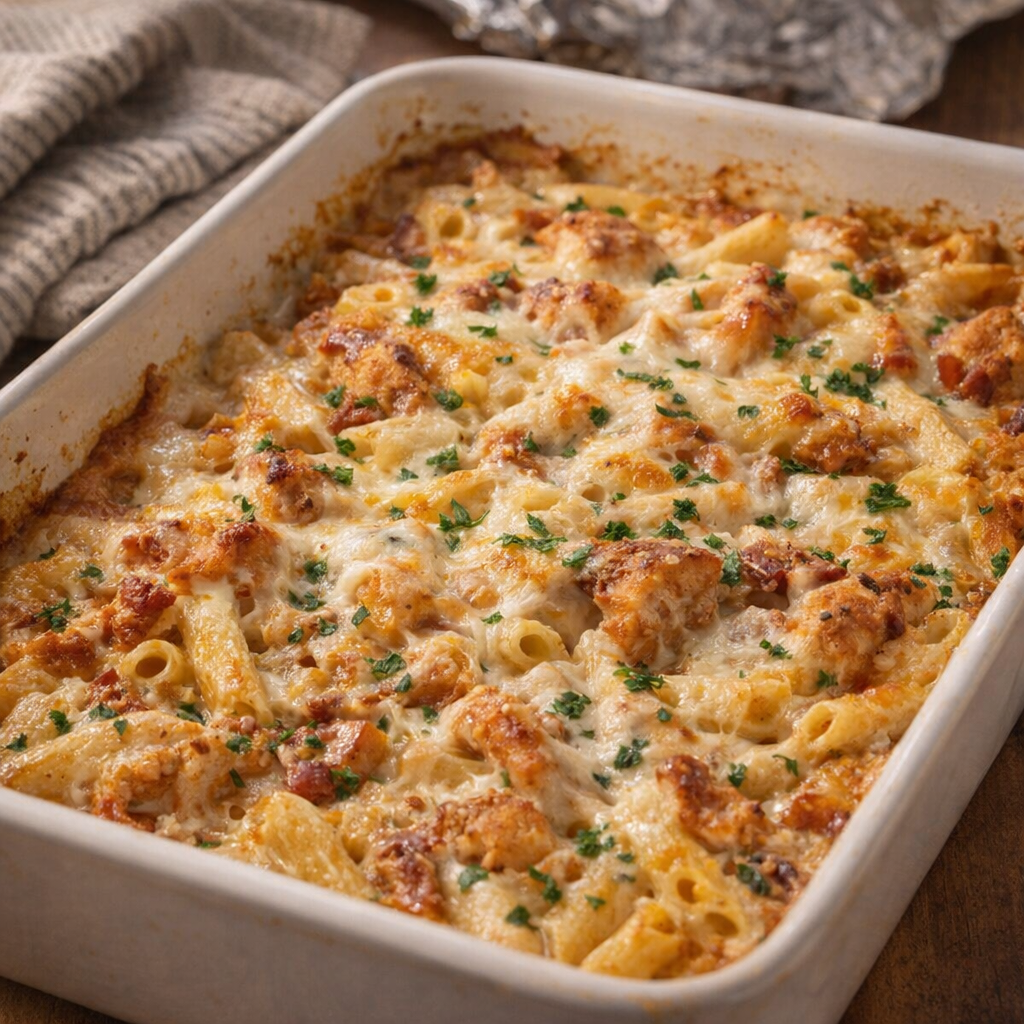 Freshly baked chicken pasta with golden melted cheese