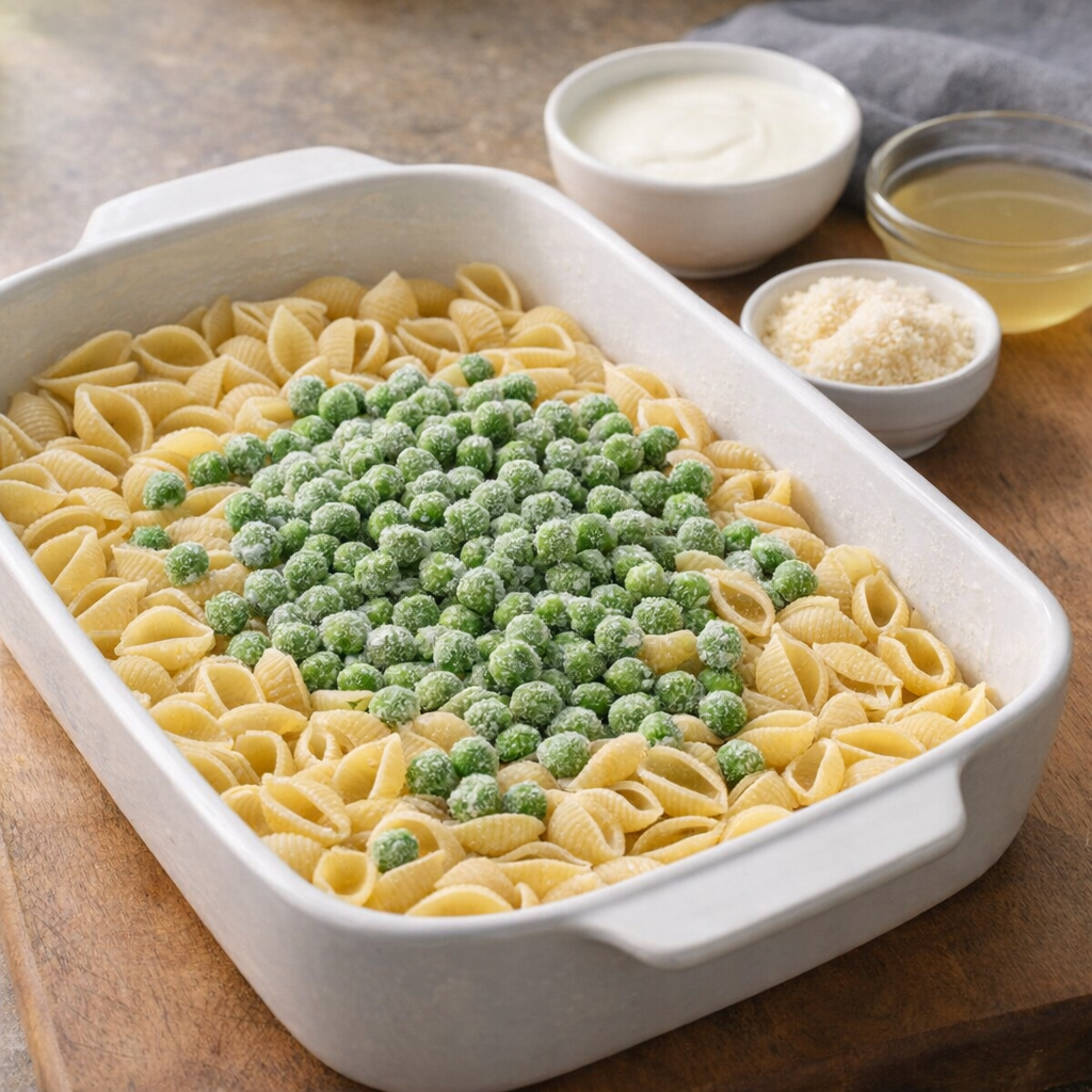 Greased ceramic baking dish with pasta shells and peas ready for assembly