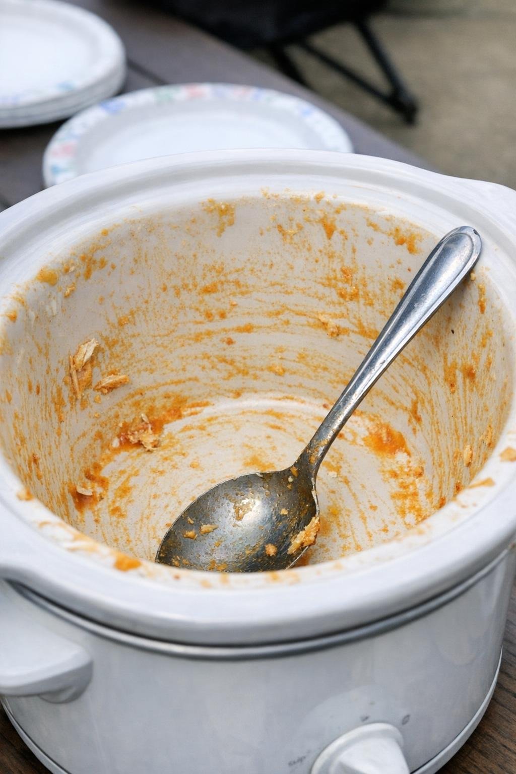 Slow cooker buffalo ranch chicken dip crock scraped nearly clean