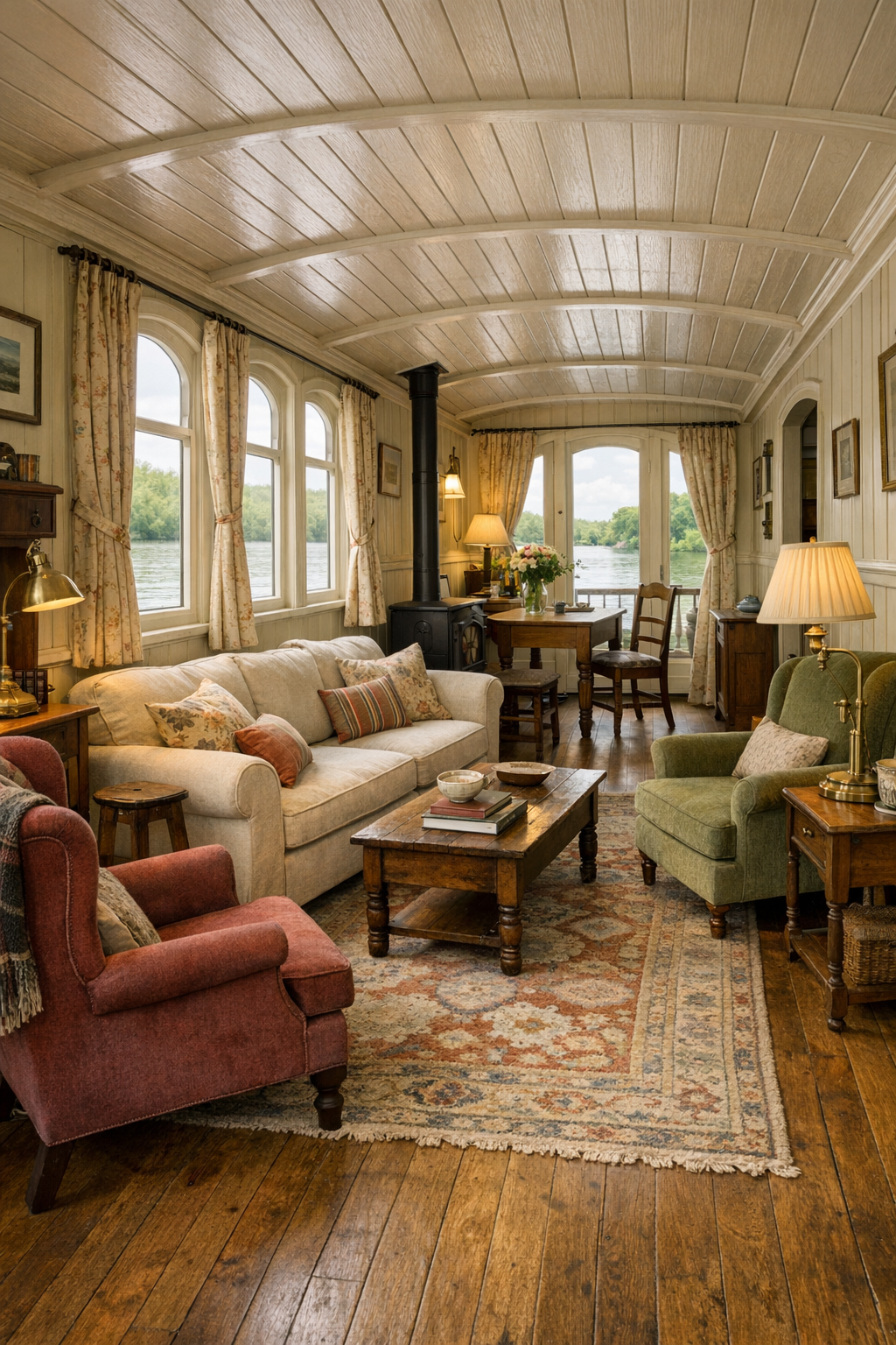 Accessible Victorian houseboat living room with tall windows, cream paneling, oak floors, and soft vintage furnishings