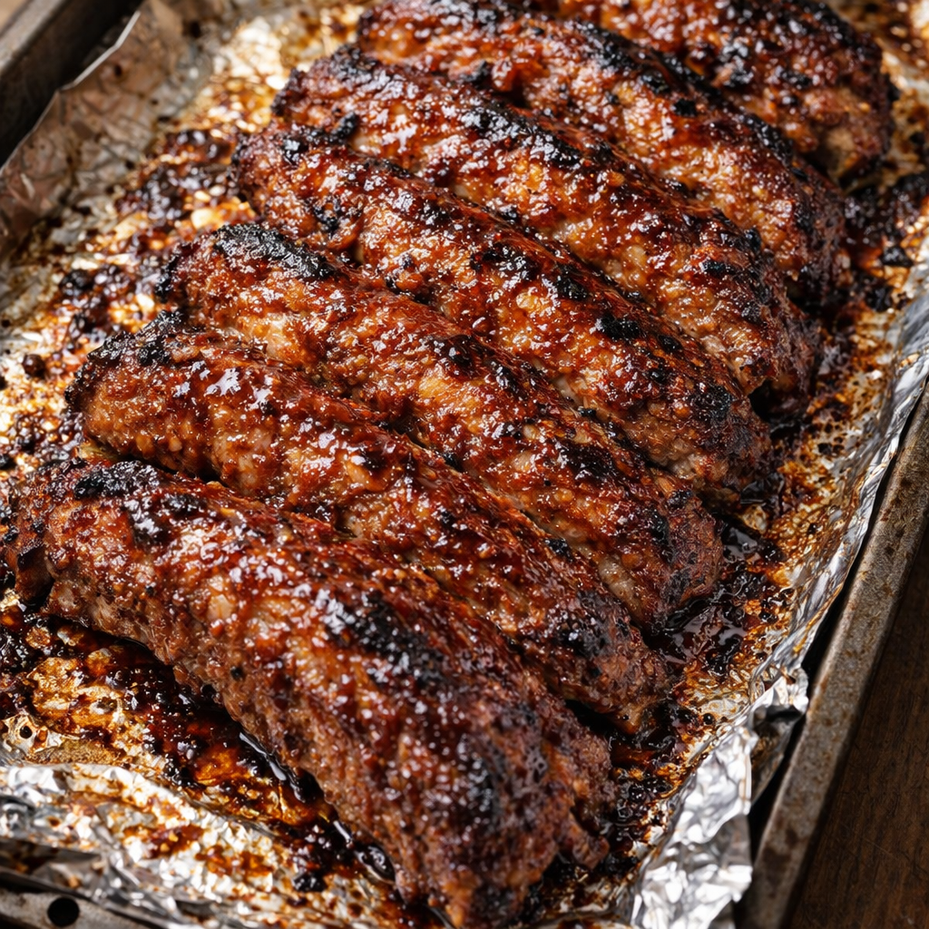 Broiled ribs with lightly charred edges on a baking sheet
