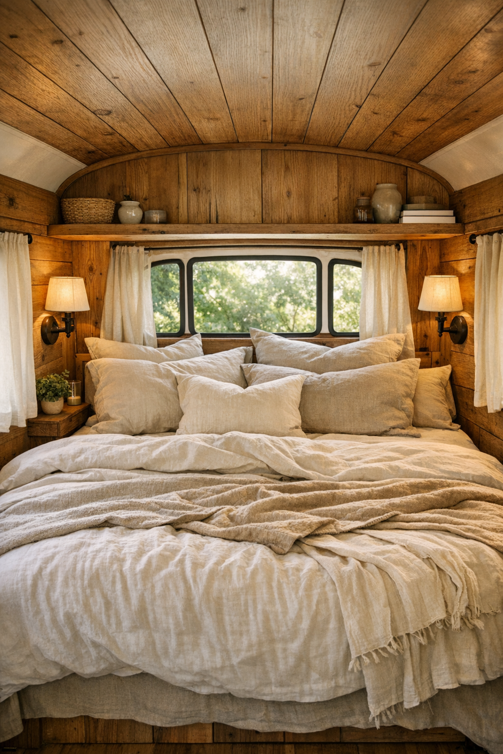 Peaceful rear bus bedroom with layered linens and custom wood paneling