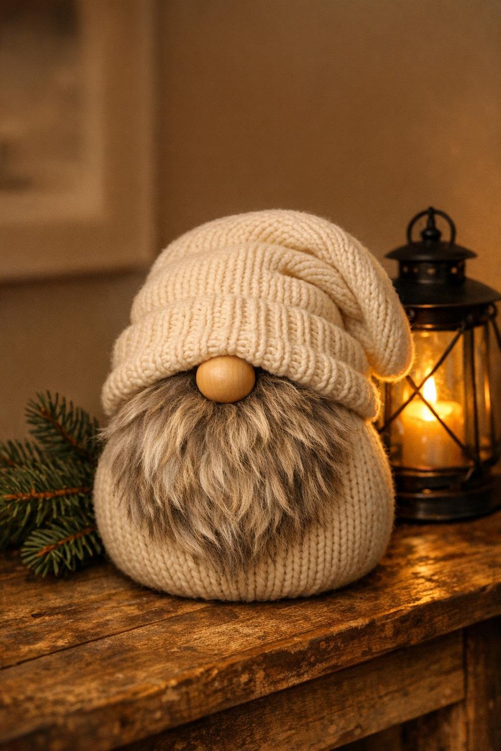 Finished cozy sweater sleeve gnome displayed with winter decor