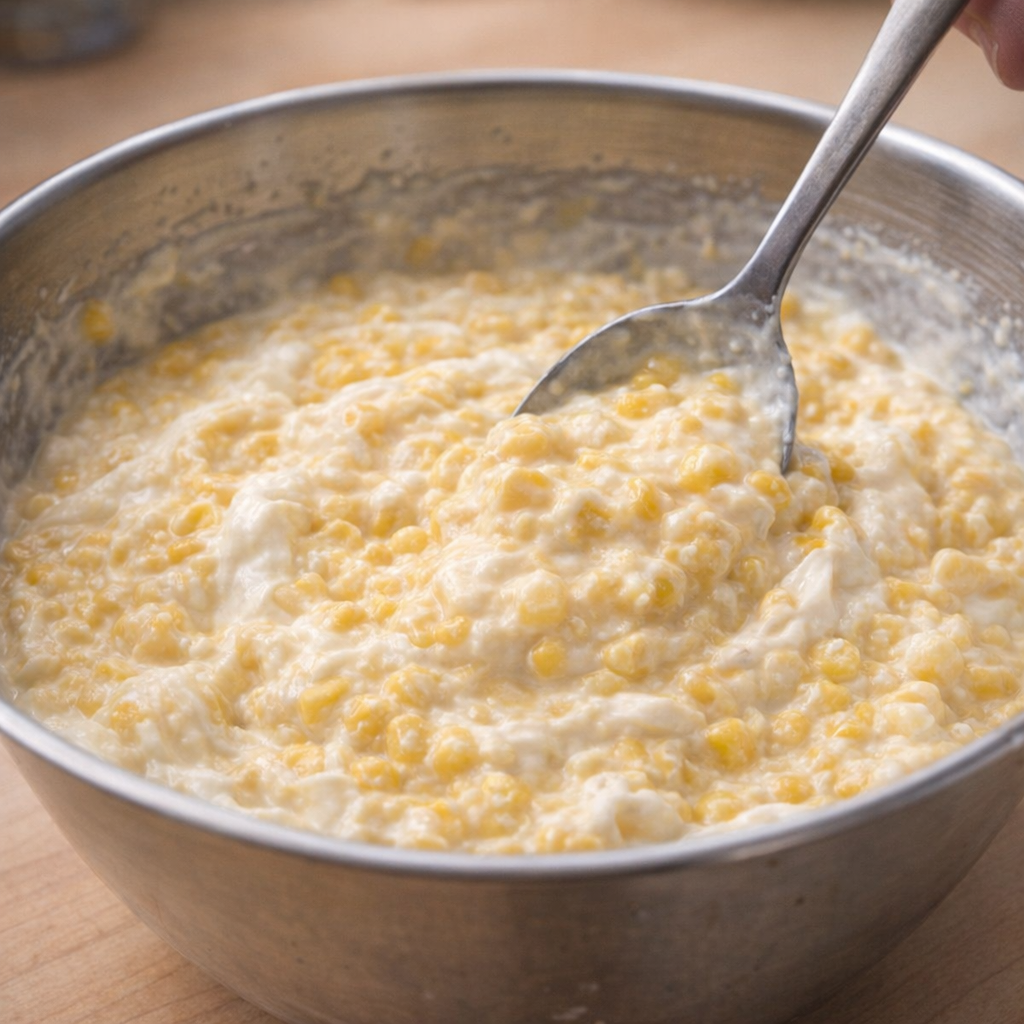 Bowl of creamed corn and sour cream being stirred together