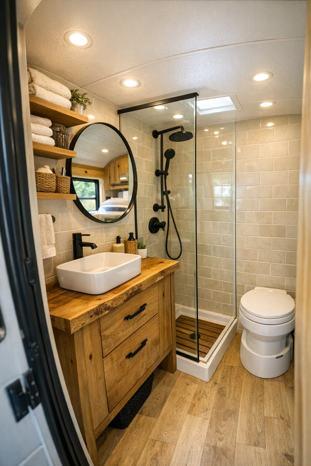 Small converted bus bathroom with natural wood vanity, pale tile, and glass shower