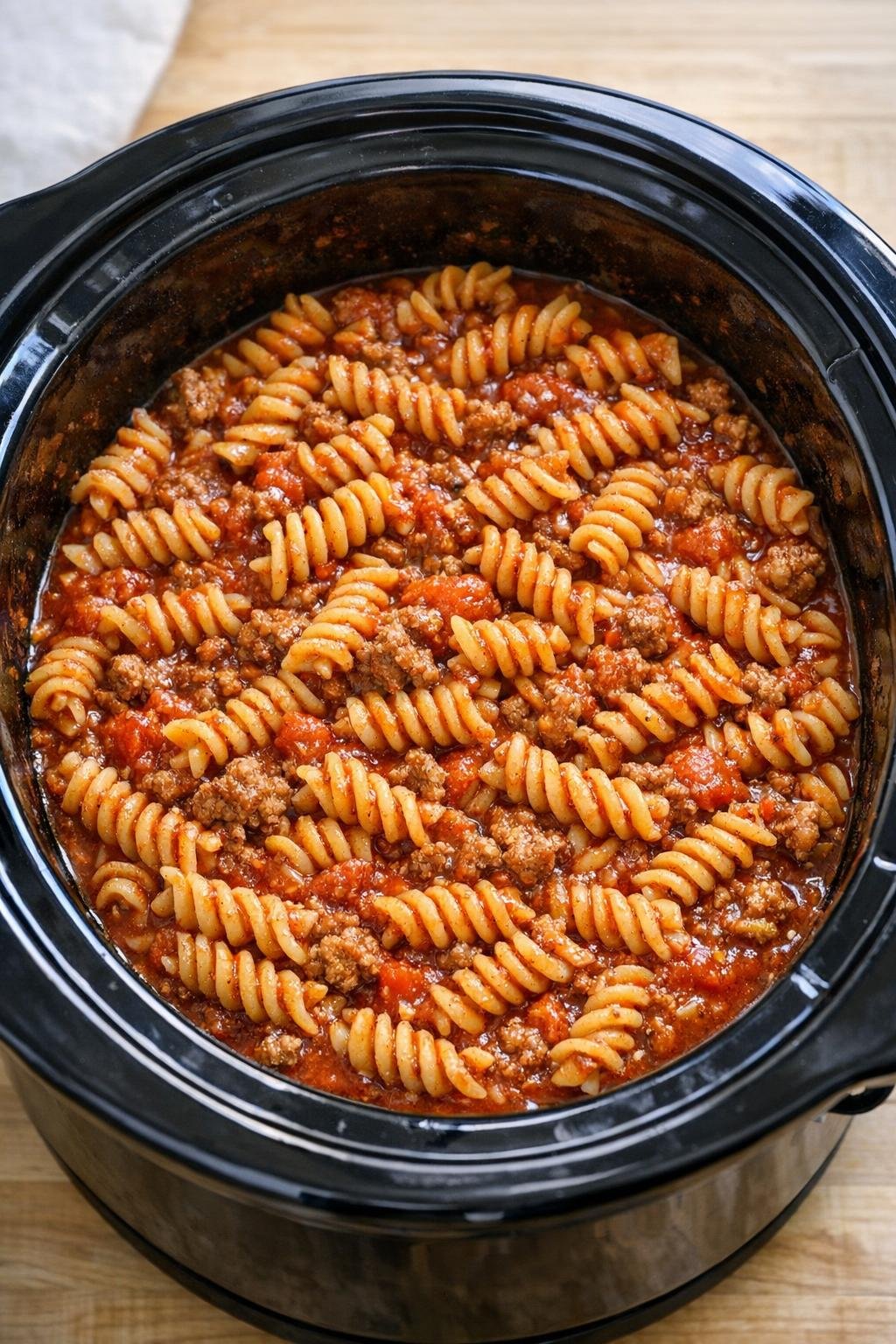 Het pastamengsel wordt in de slowcooker geroerd.