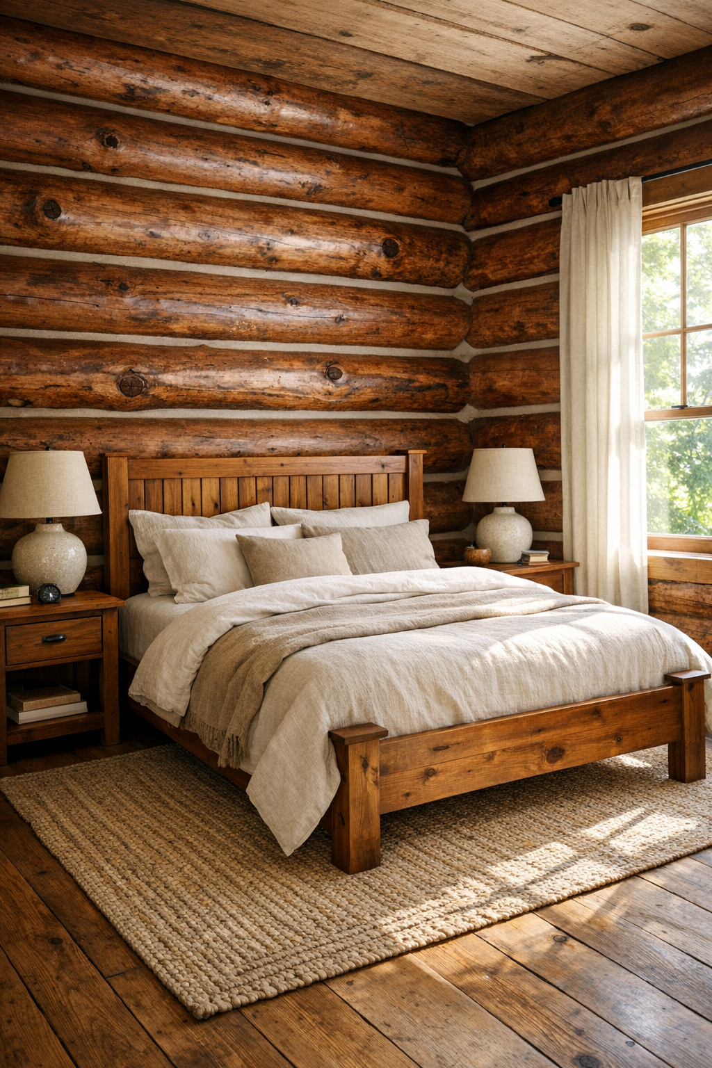Peaceful bedroom with log walls, a solid wood bed, and soft neutral textiles