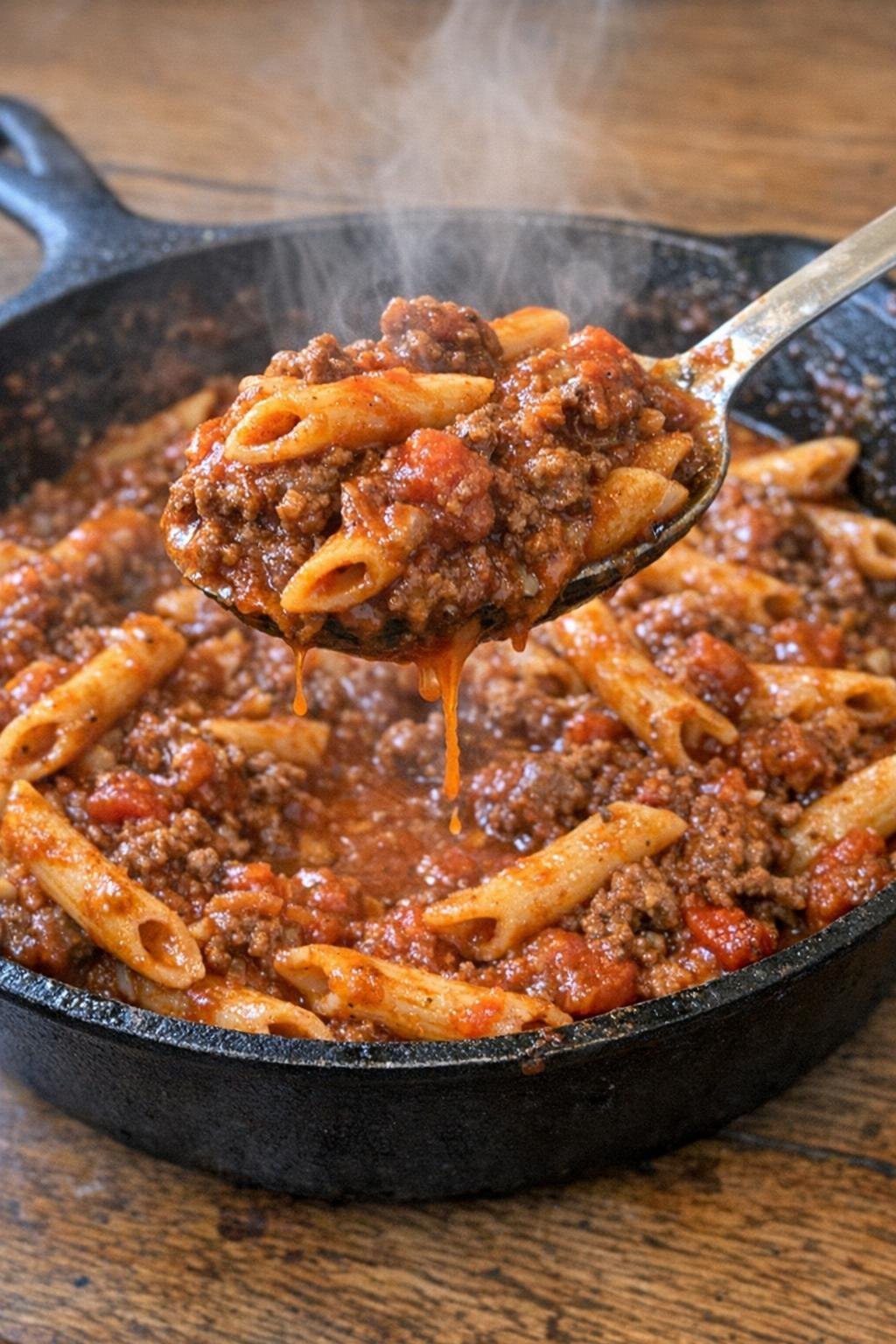 Saucy ground beef and penne in a cast iron skillet