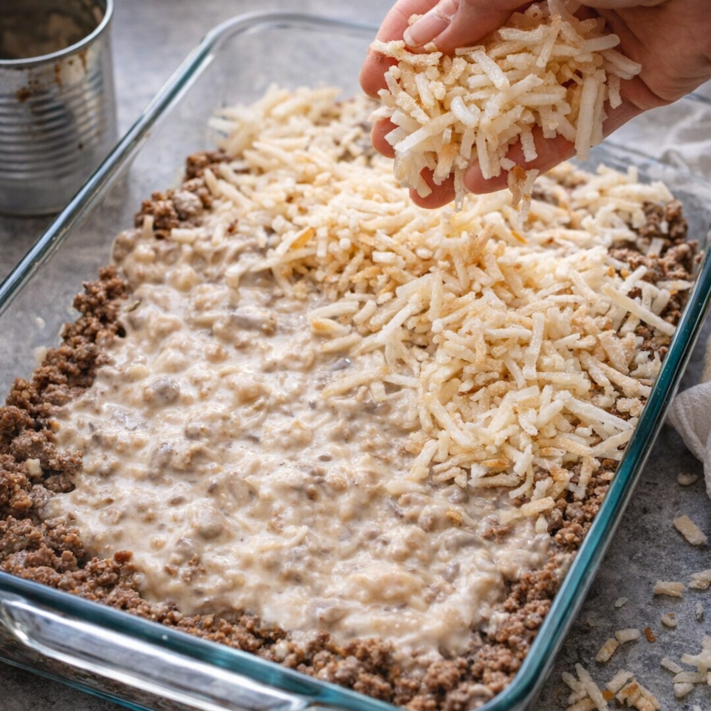 Hashbrowns layered over creamy beef in a glass baking dish