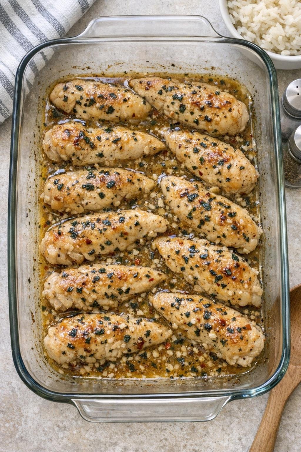 Baked chicken tenderloins in a glass casserole dish