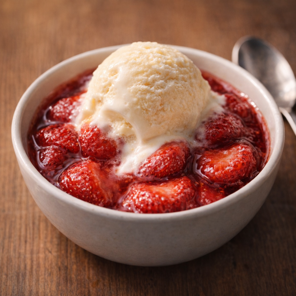 Warm strawberry dessert served with vanilla ice cream