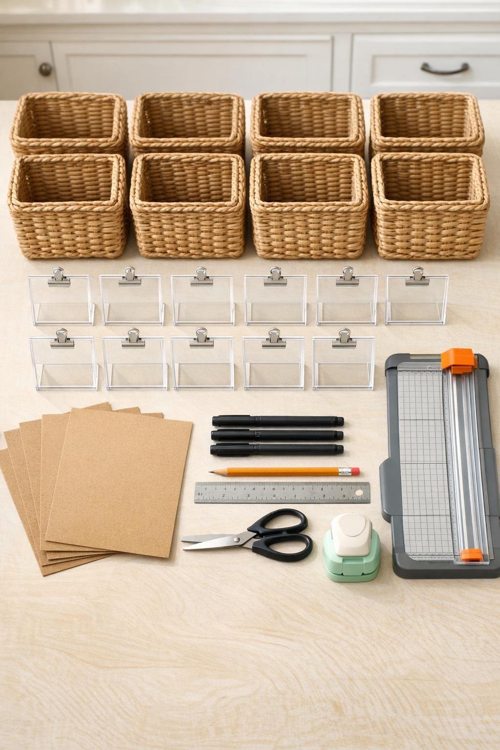 Materials for pantry basket labels laid out on a table