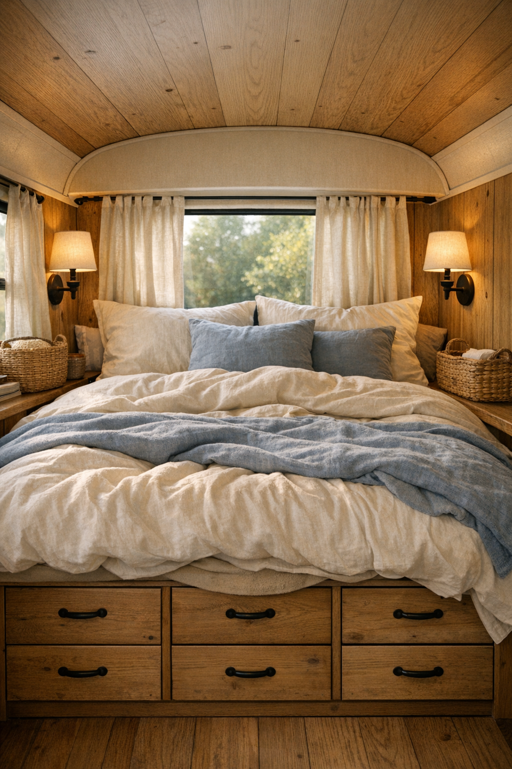 Serene bus bedroom with built-in bed, linen bedding, and warm wood paneling