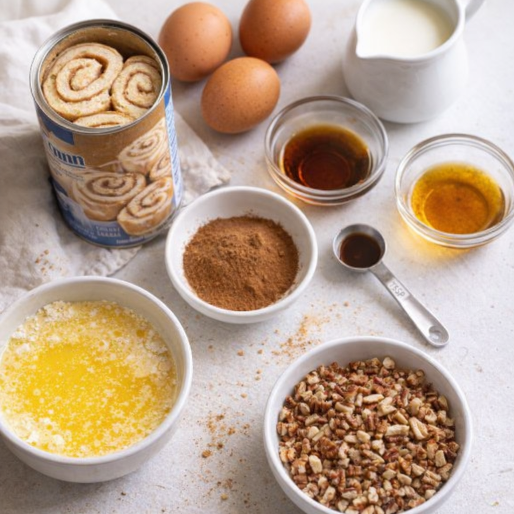 Cinnamon roll casserole ingredients arranged on a kitchen counter