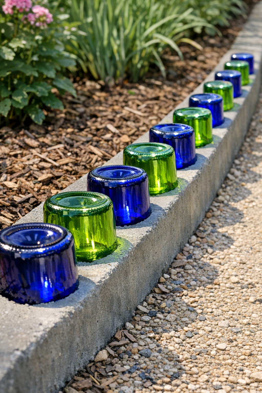 Finished concrete garden edging with blue and green bottles embedded upside down