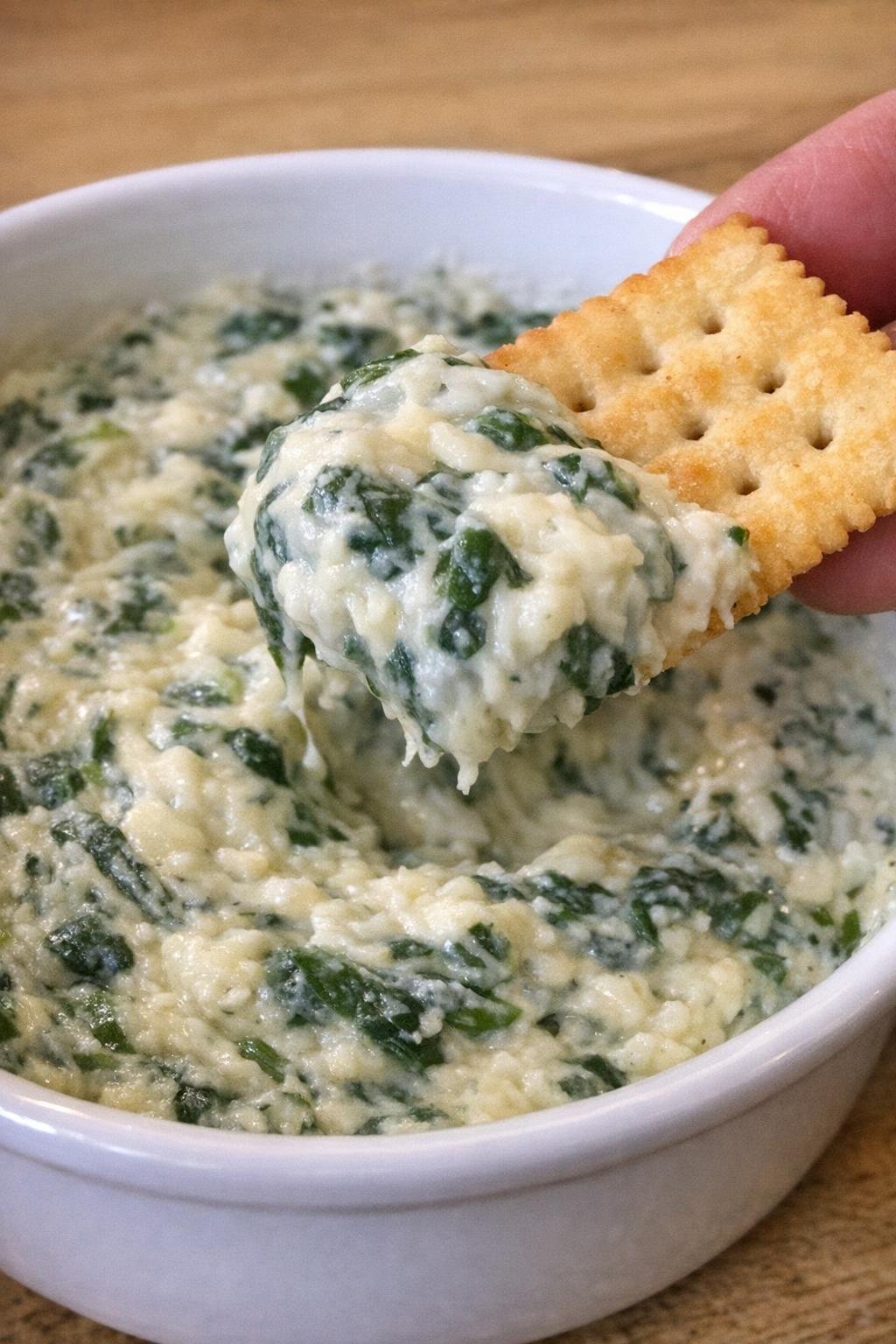 Close-up of spinach elliot dip in a white ceramic bowl with a cracker scooping some up