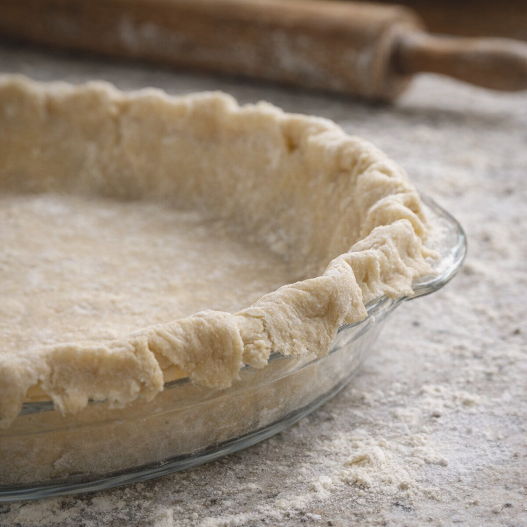 Pie crust fitted into a glass pie plate