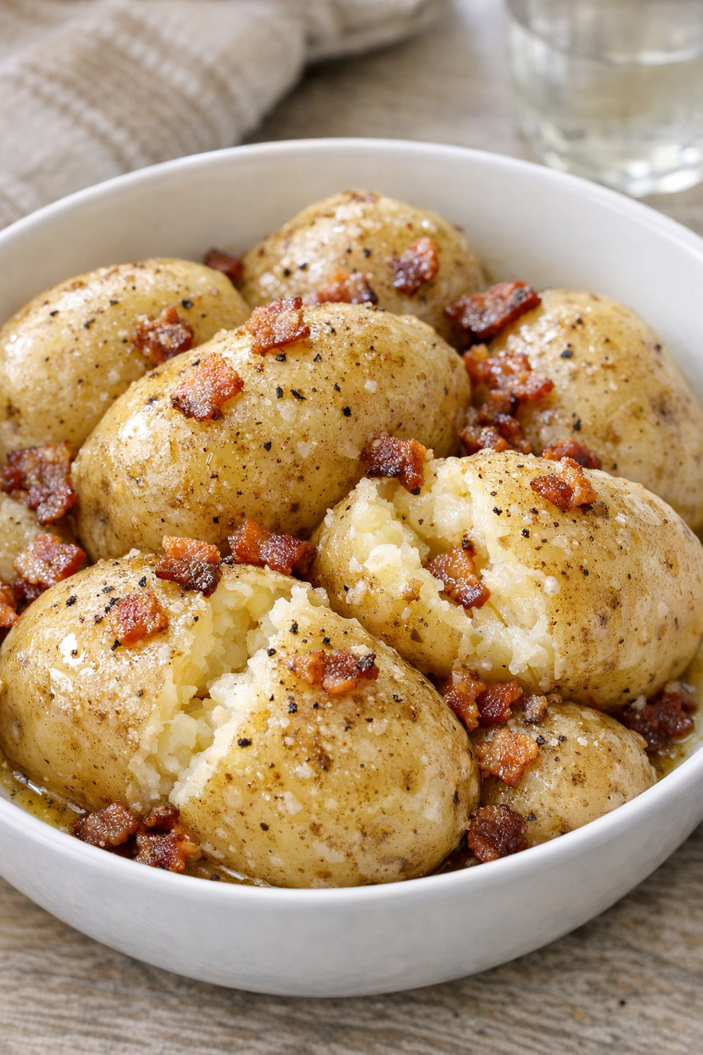 Finished slow cooker bacon potatoes in a serving bowl