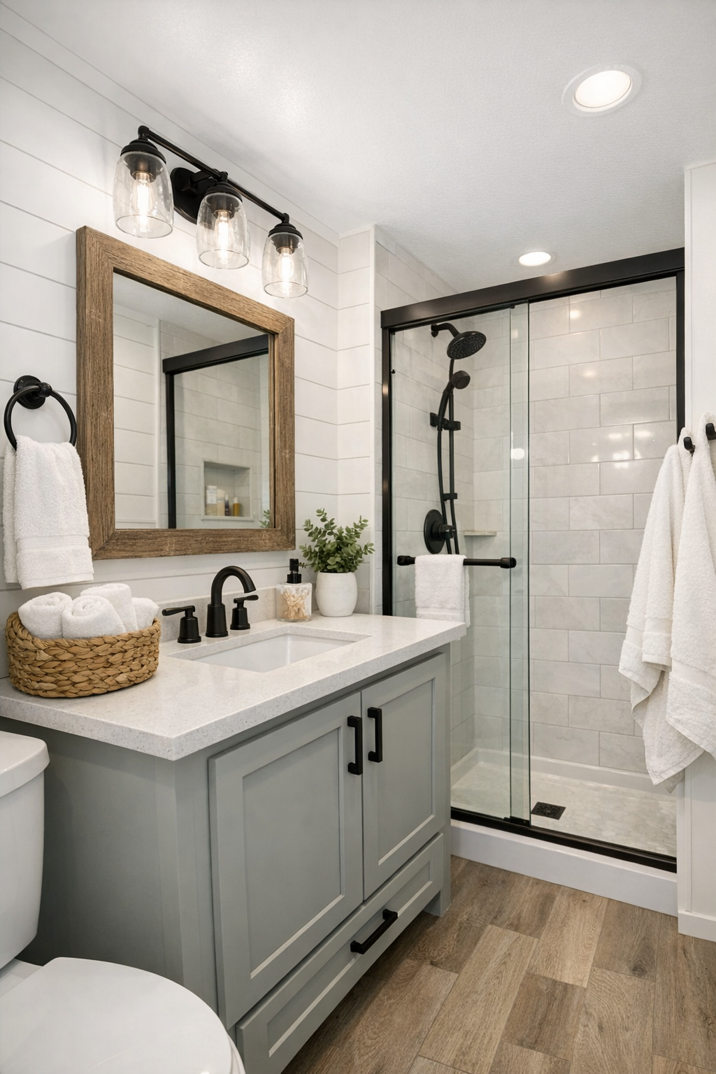 Compact modern farmhouse bathroom with light vanity, tiled shower, and black fixtures