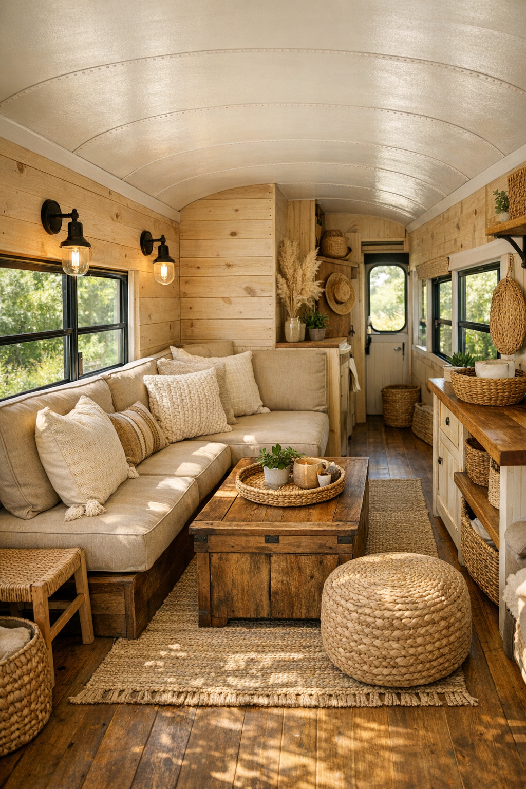 Bright built-in living area inside a converted bus with bench seating and pale wood walls