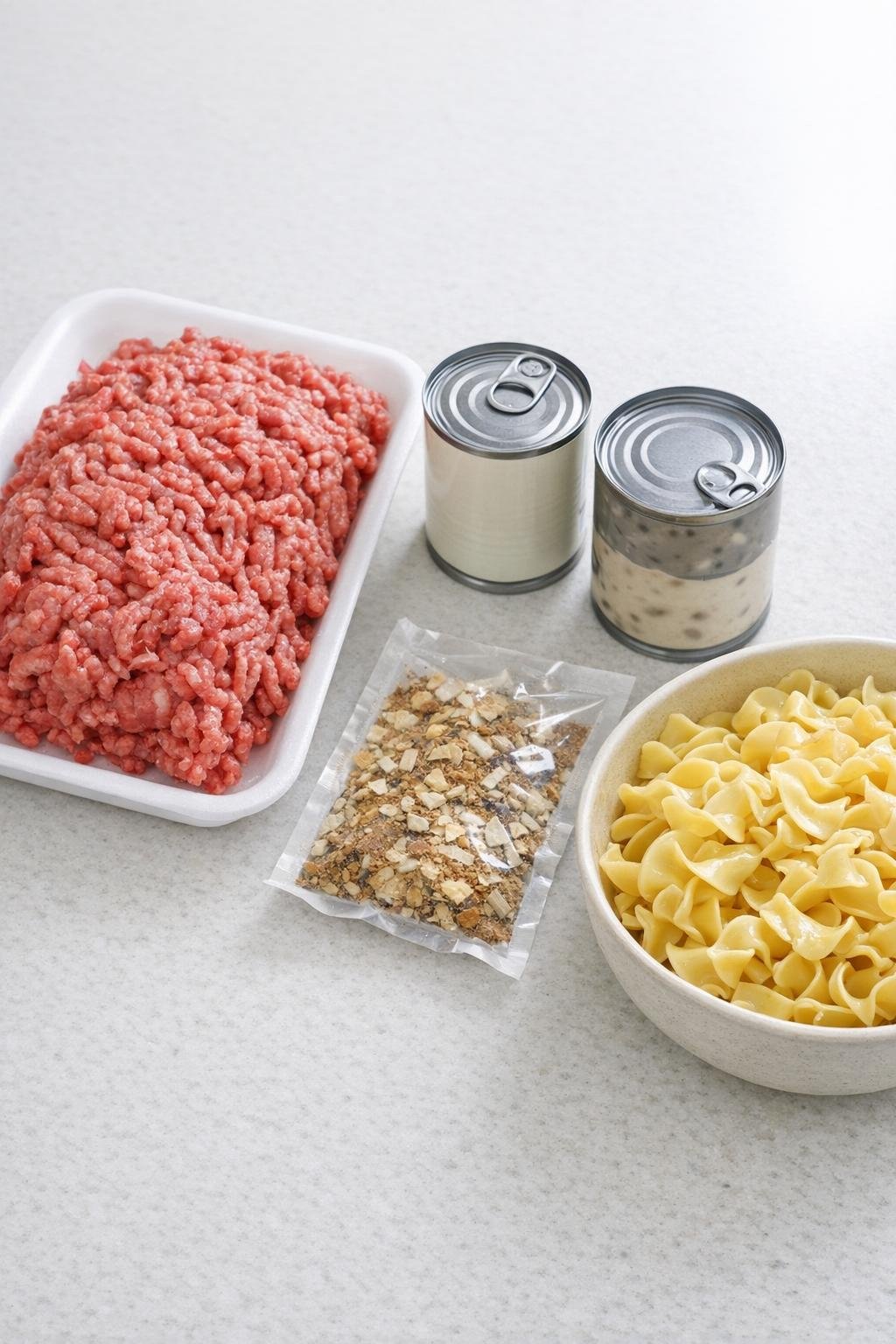 Ground beef, evaporated milk, soup, and onion soup mix ingredients