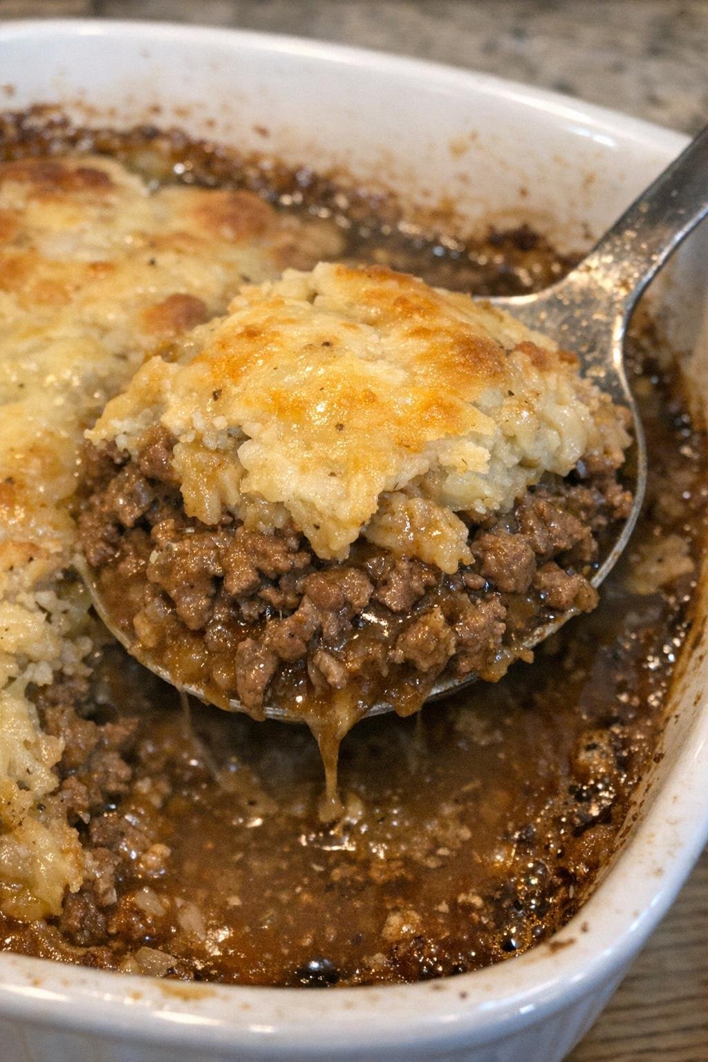 Savory beef bake in a casserole dish