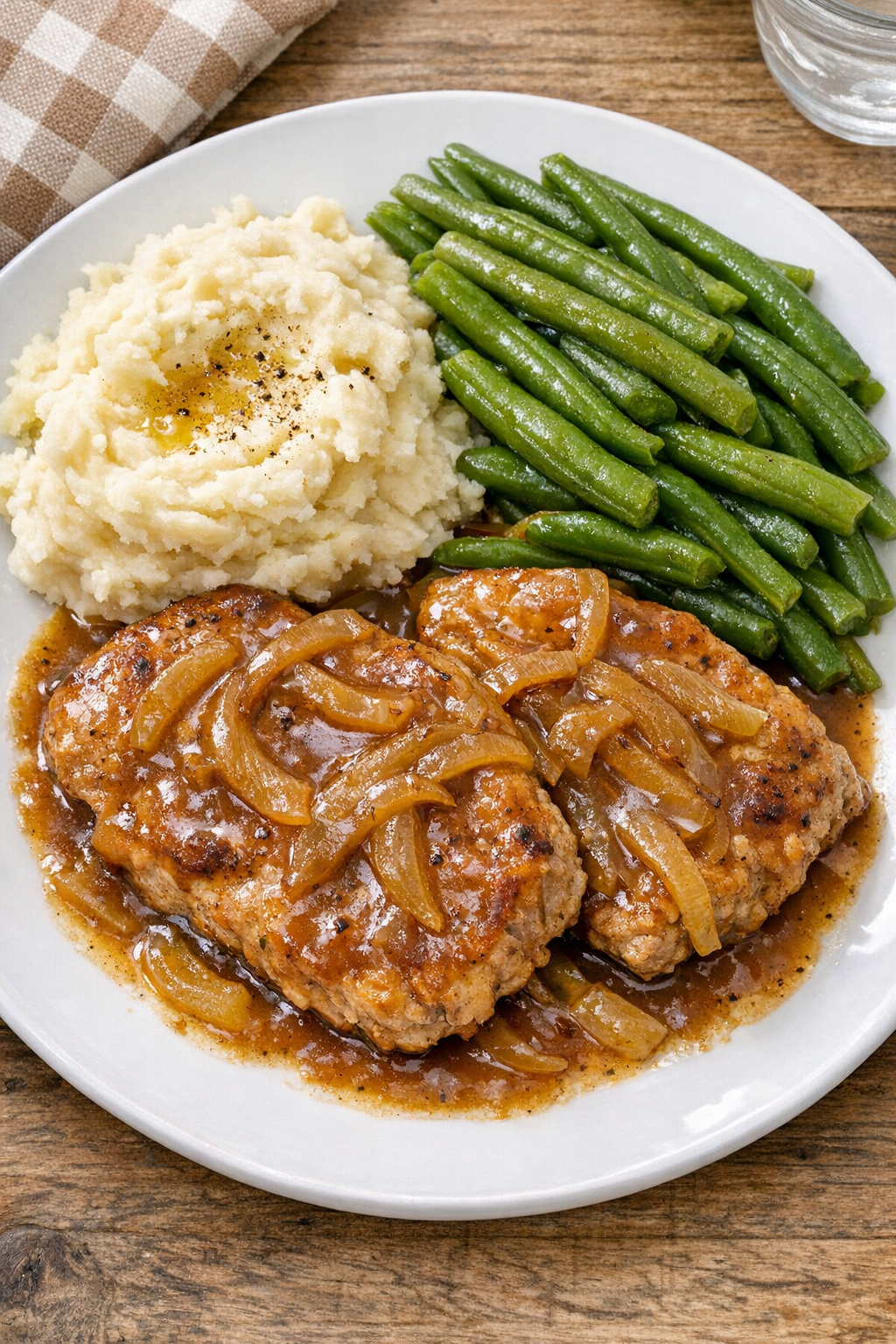 Finished slow cooker pork cutlets plated with sauce