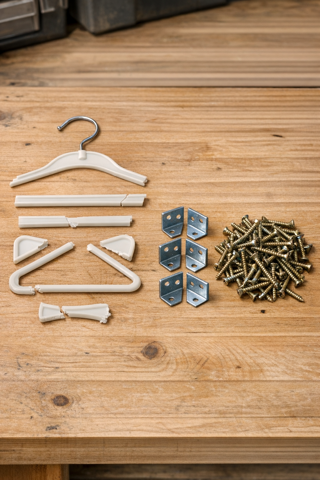 Broken plastic coat hangers, metal angle brackets, and wood screws laid out on a workbench